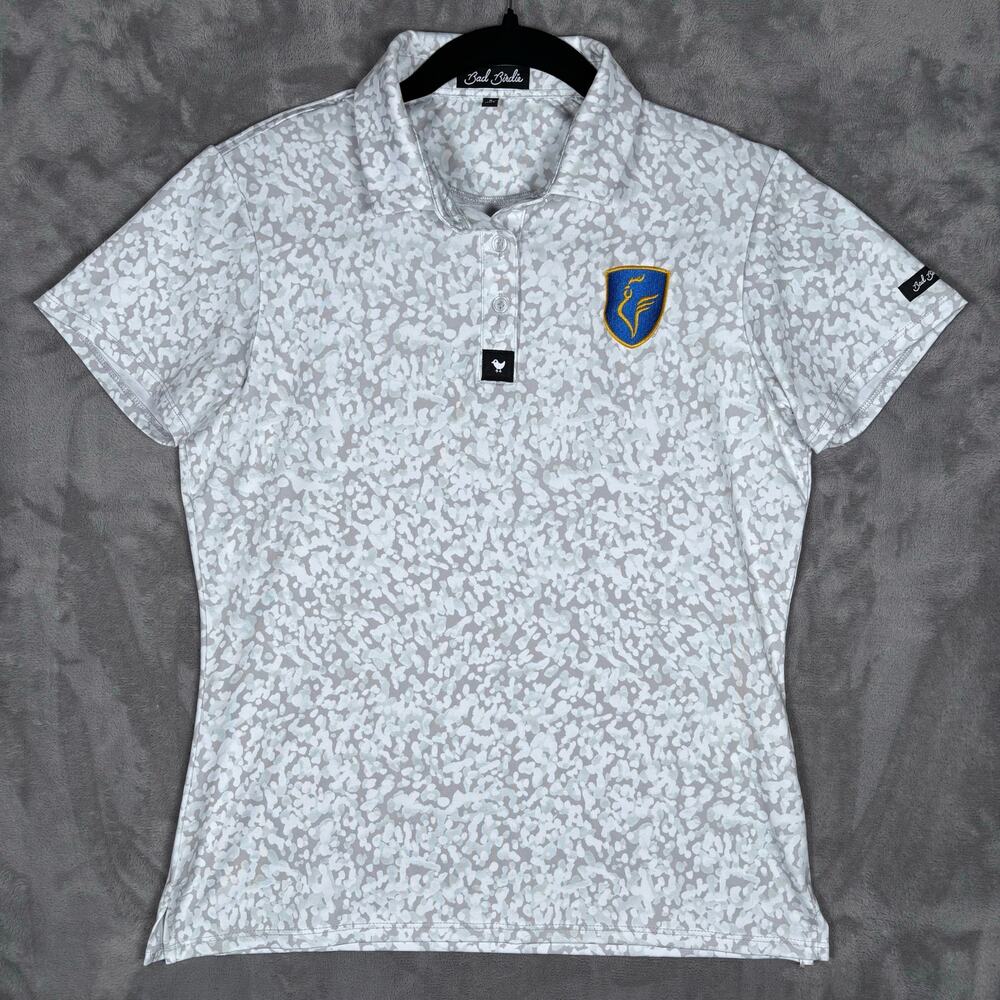 Bad Birdie Women’s Golf Polo – Gray Camo Unlinked Crest Logo Size S